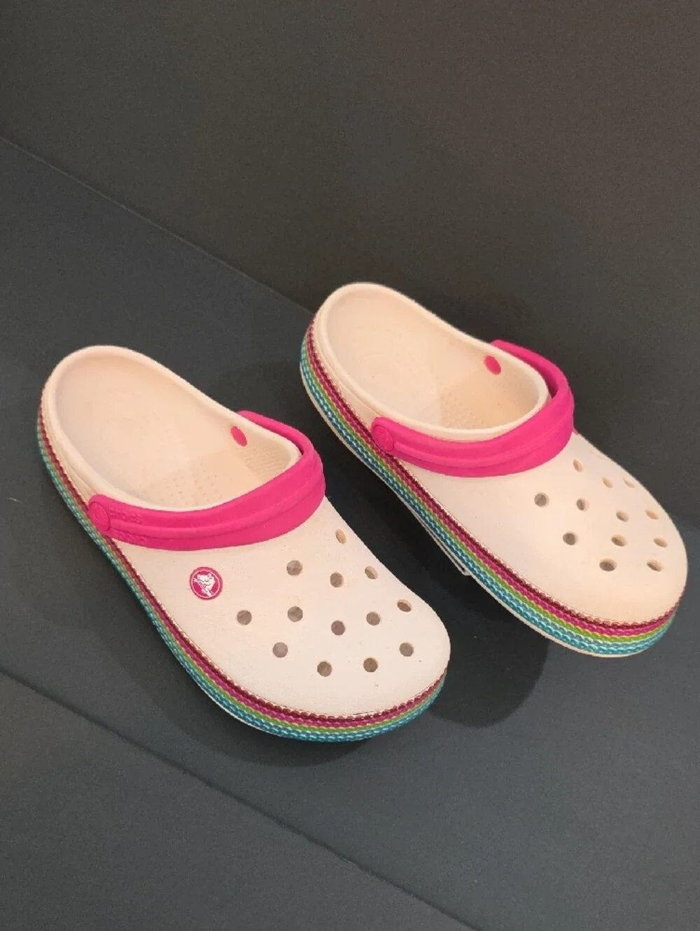 CROCS Women's Clogs in Light Pink with Hot Pink Strap and Rainbow Trim Size 8